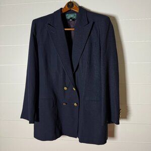 Lauren Ralph Lauren Double Breasted Navy Blazer 100% Worsted Wool Size 10